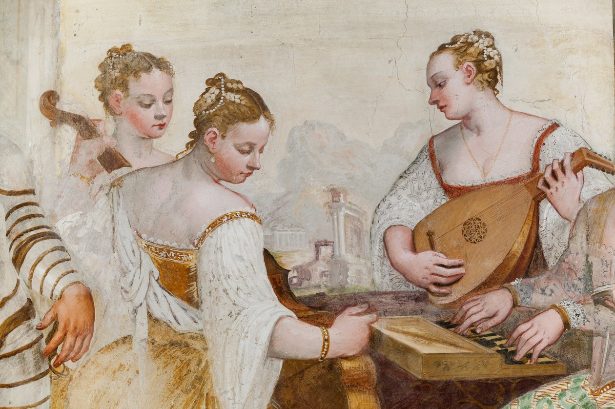 Dvorní dámy, detail koncertu, hlavní sál, cca 1570 (freska) od Giovanni Antonio Fasolo