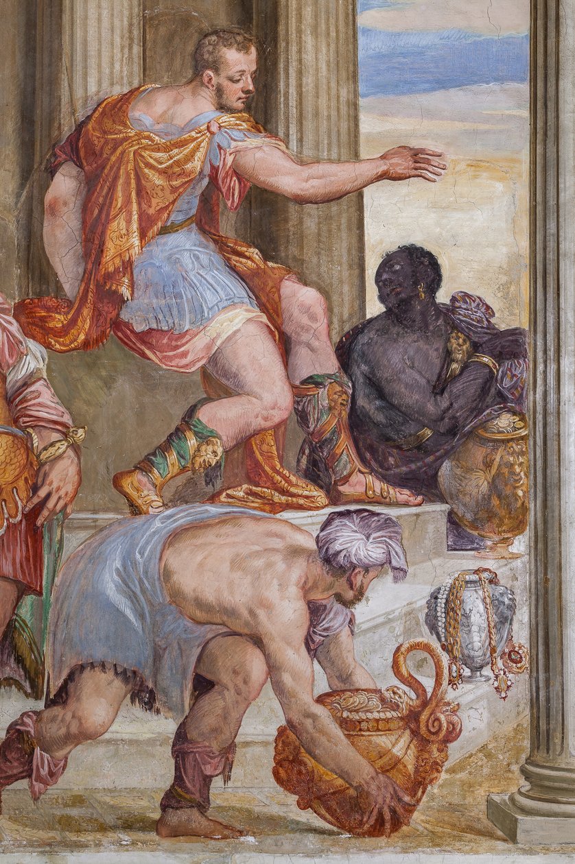 Detail Kleopatřina hostina, pokoj s krbem, cca 1560-65 (freska) od Giovanni Antonio Fasolo