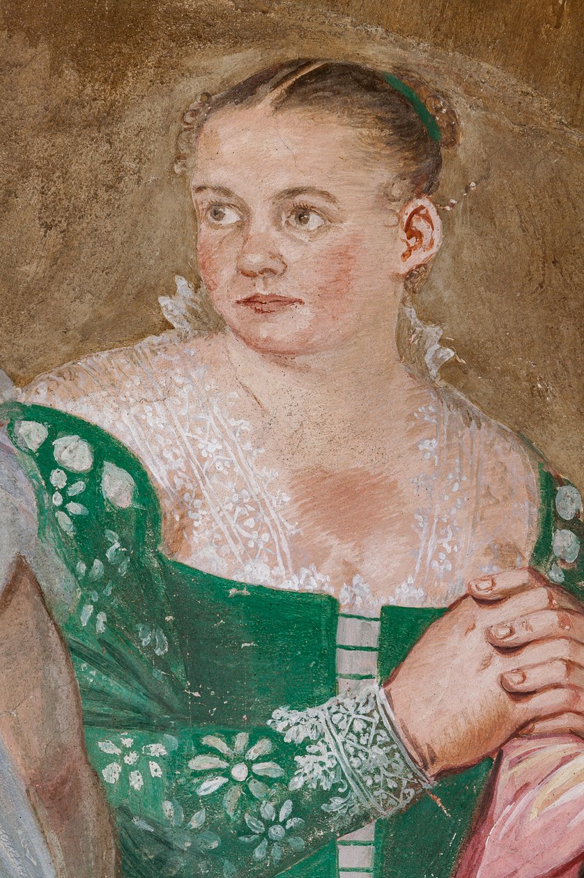 Ženská postava, detail The Clemency of Scipio, Pokoj s krbem, kolem 1560-65 (freska) od Giovanni Antonio Fasolo