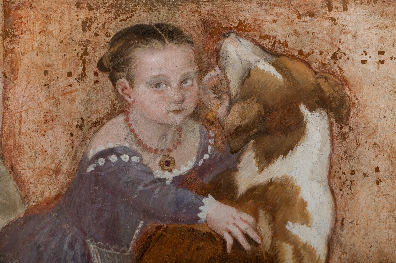 Holčička a pes, detail The Banquet, cca 1570 (freska) od Giovanni Antonio Fasolo