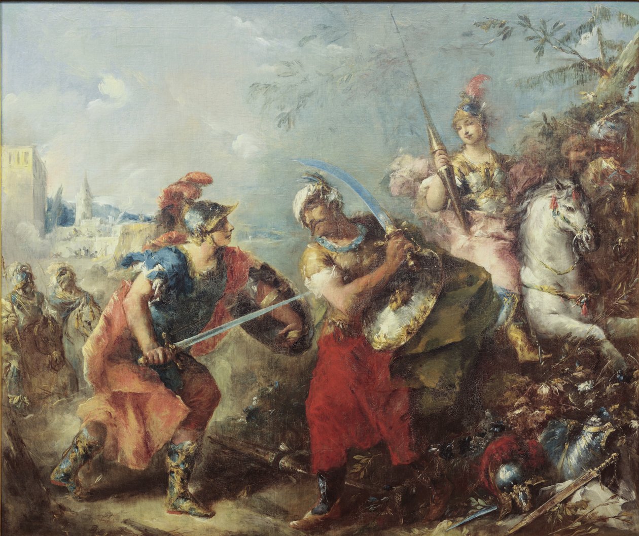 Boj mezi Tancredem a Argante s Clorindou v pozadí od Giovanni Antonio Guardi