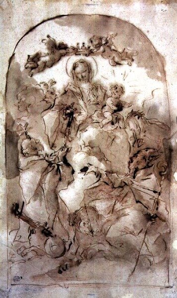 Panna s dítětem se sv. Dominikem, sv. Terezií a sv. Koribianem, kolem roku 1745 (hnědá barva na červené křídě) od Giovanni Antonio Guardi
