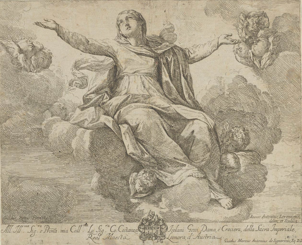Nanebevzetí Panny Marie, která sedí v oblacích s rozpřaženýma rukama, ang..., 1685-1720. od Giovanni Antonio Lorenzini
