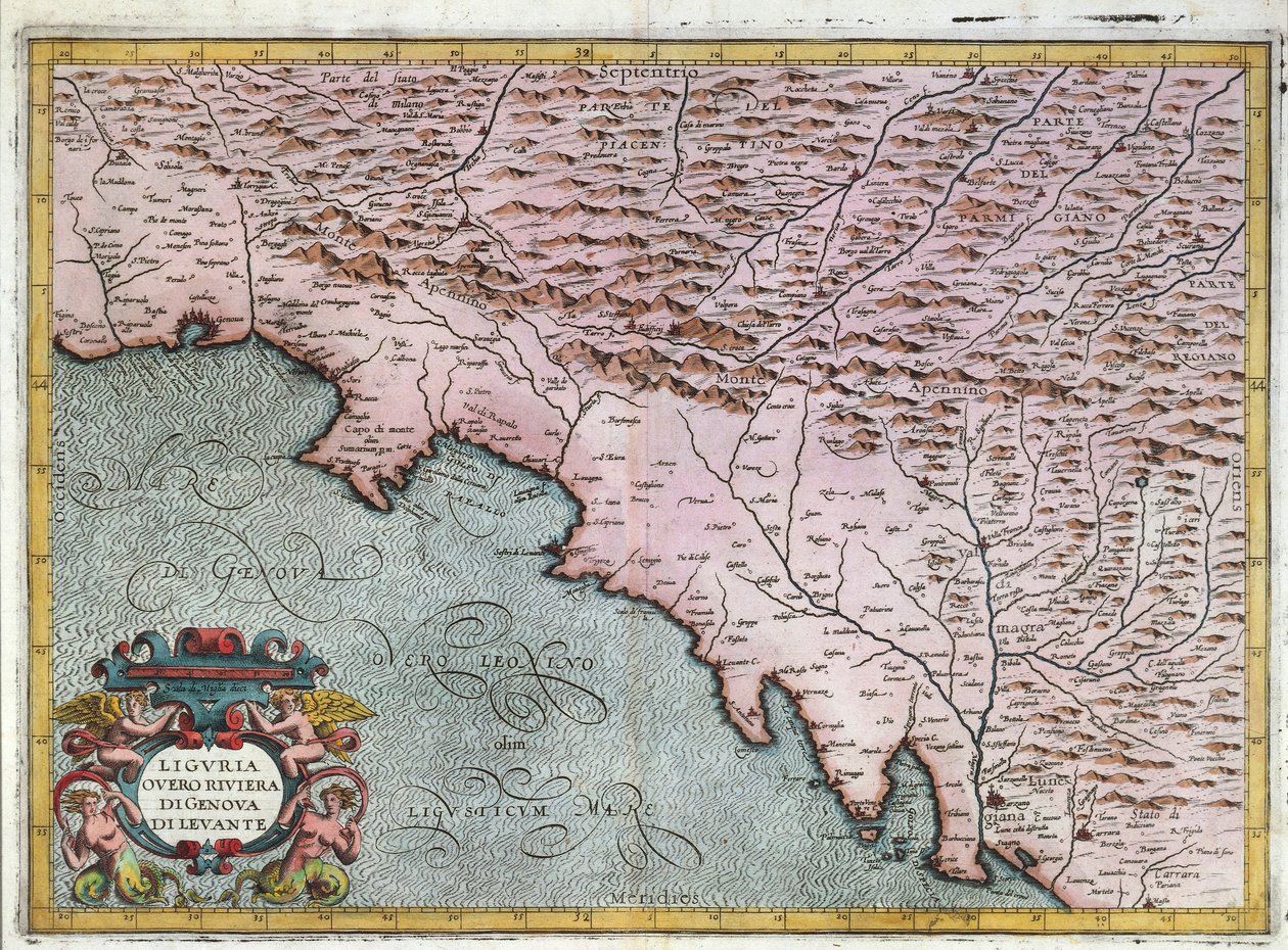 Mapa regionu východní Ligurie, Giovanni Antonio Magini, Bologna, mědirytina od Giovanni Antonio Magini