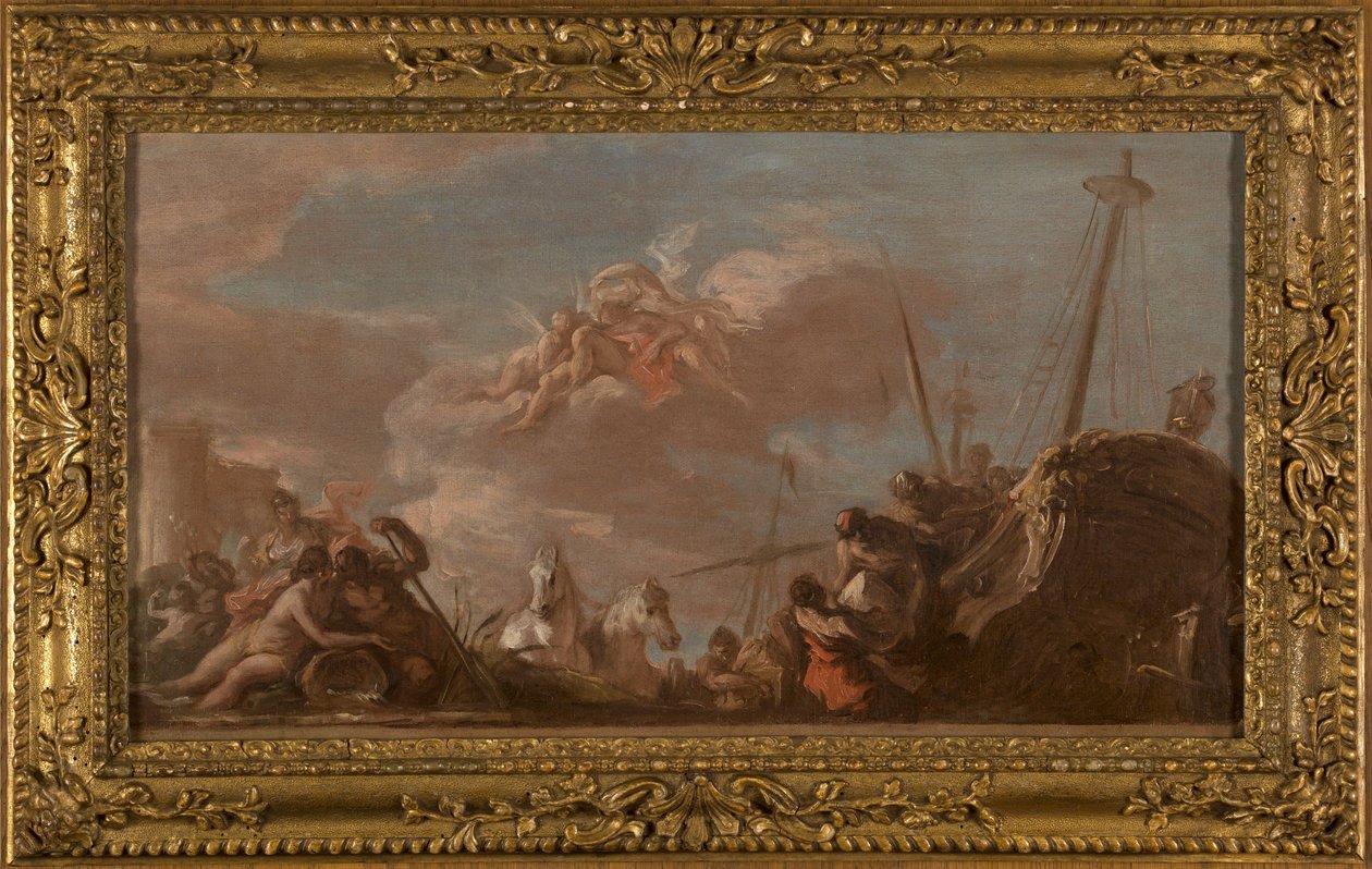 Skica ke stropu Královské banky: Le Déchargement en bord de Seine de marchandises en provenance de la Louisiane, en 1720 (olej na plátně (vazba)) od Giovanni Antonio Pellegrini