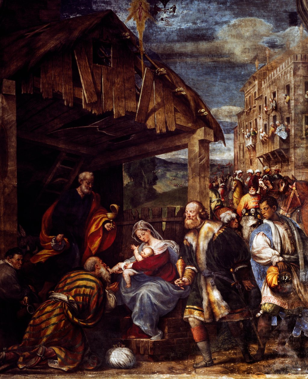Klanění tří králů, ca. 1530, od Pordenone (1483-1484 - 1539), freska, kaple Tří králů, kostel Santa Maria di Campagna, Piacenza, Emilia-Romagna. Detail. Itálie od Giovanni Antonio Pordenone