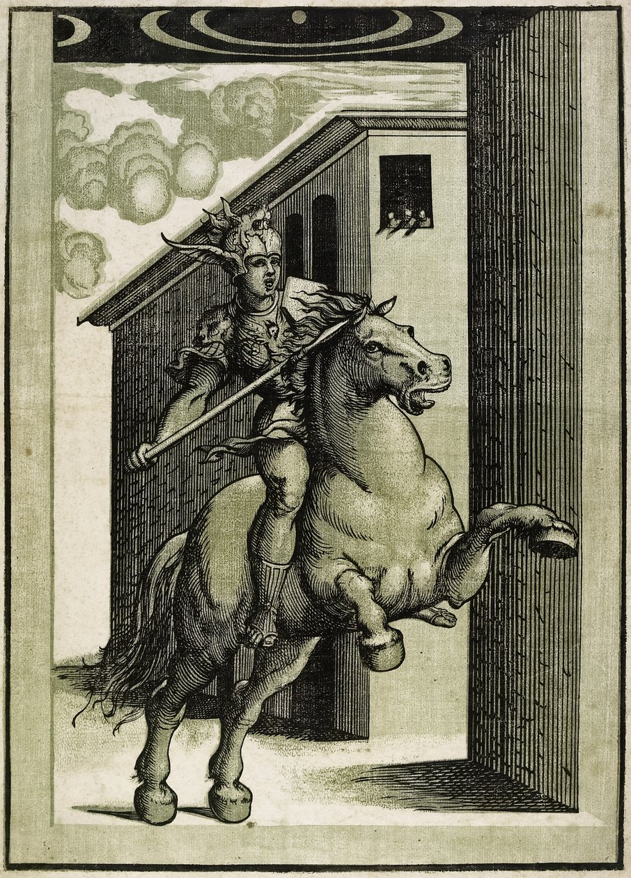 Marcus Curtius, kolem 1540 (šerosvit ze 3 bloků) od Giovanni Antonio Pordenone