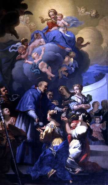 Svatý Mikuláš rozdává své Tři pytle zlata, kolem roku 1705 (olej na plátně) od Giovanni Antonio Pucci