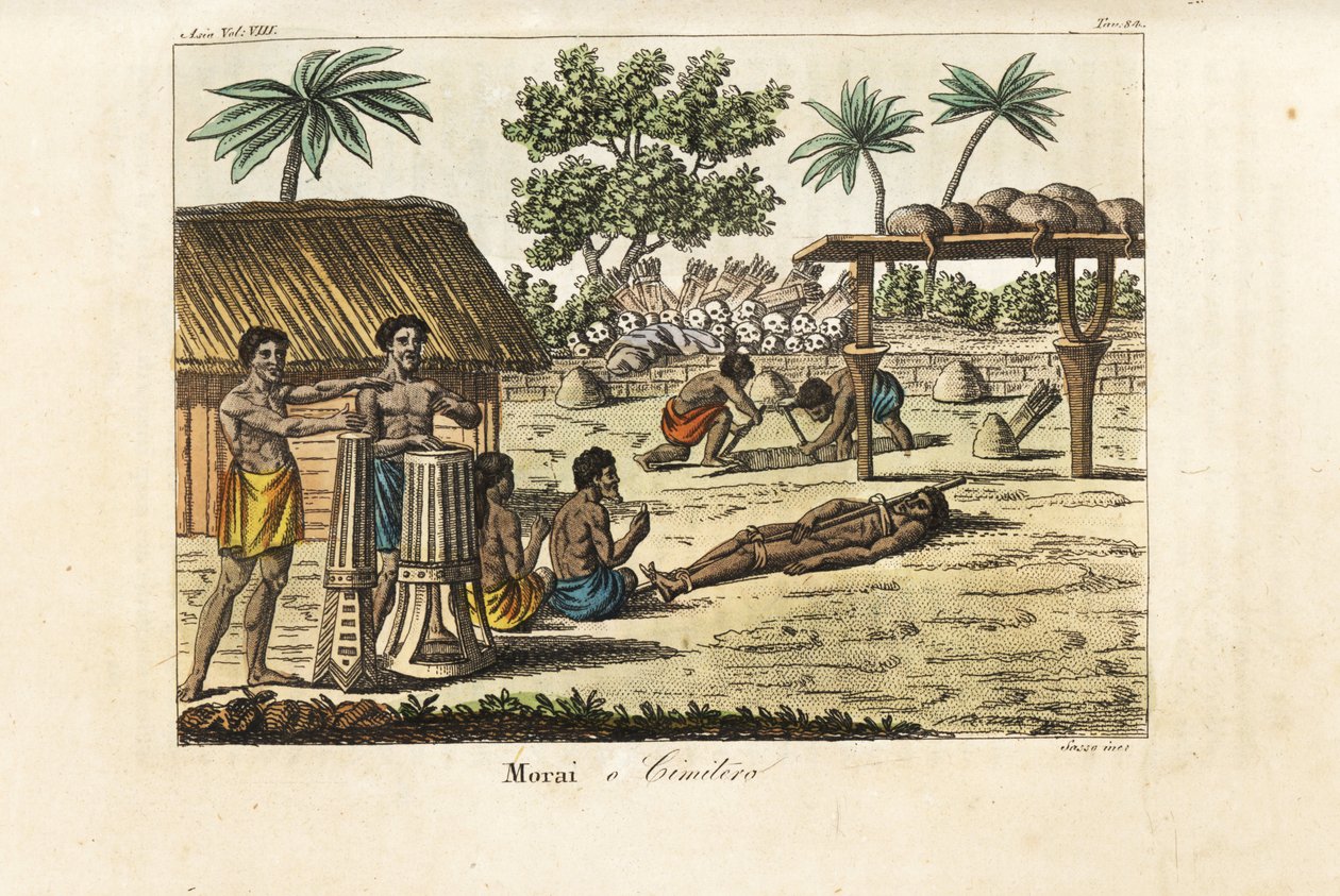 Lidská oběť na posvátném marae (Morai) nebo hřbitově, Tahiti. Bubeníci vlevo, oběť svázaná prasaty a dva hrobaři kopající hrob před hromadou lidských lebek a toulců šípů. Ručně kolorovaná mědirytina rytá Sasso podle Johna Webbera z od Giovanni Antonio Sasso