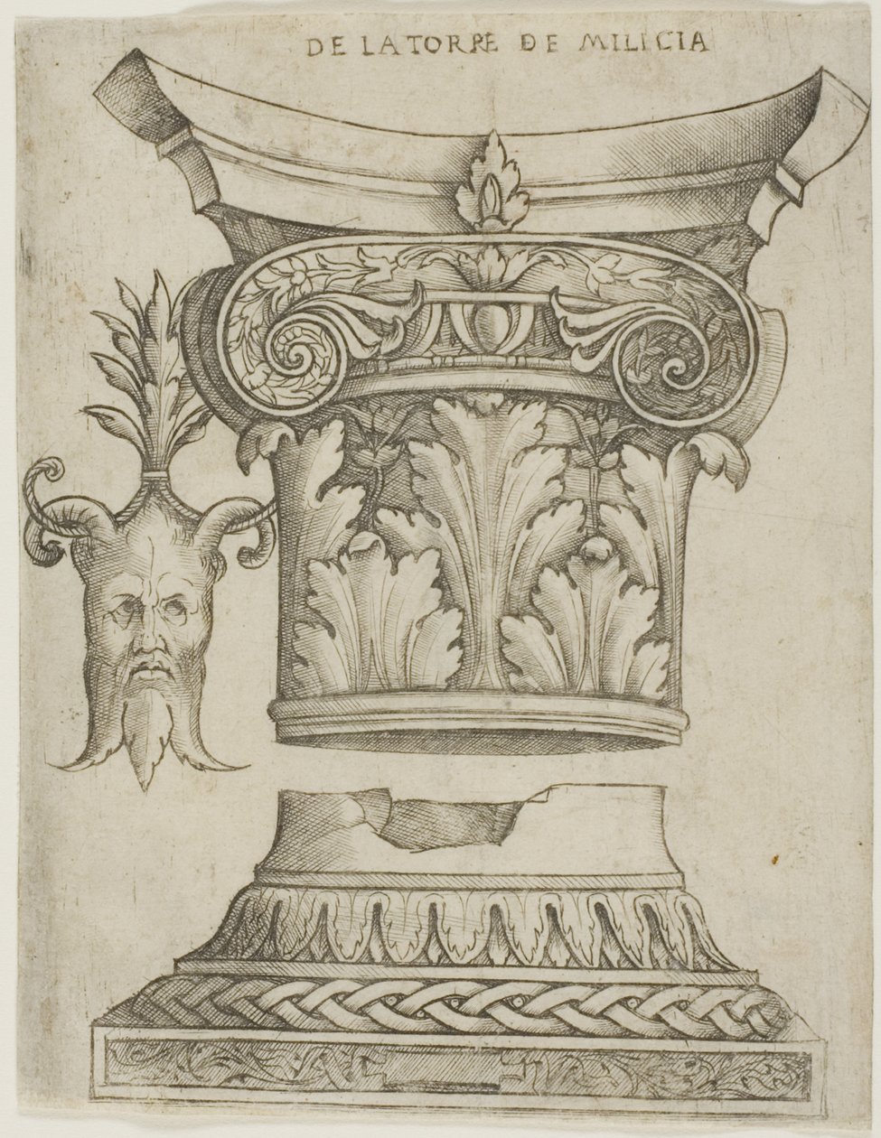 Architektonické detaily: Základna, Kapitál a Maska od Giovanni Antonio da Brescia