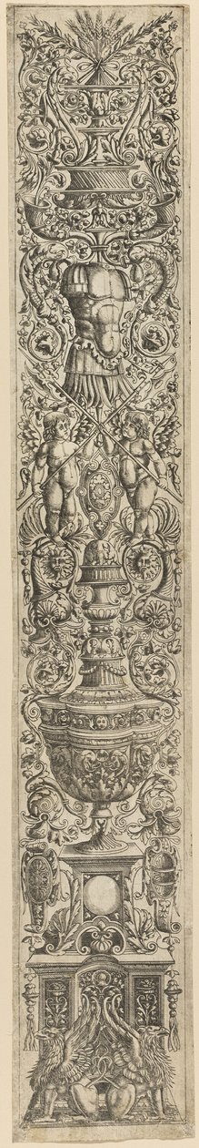 Griffinové a dva Amorci křižující halapartny, pátý talíř z dvanácti ornamentálních panelů od Giovanni Antonio da Brescia