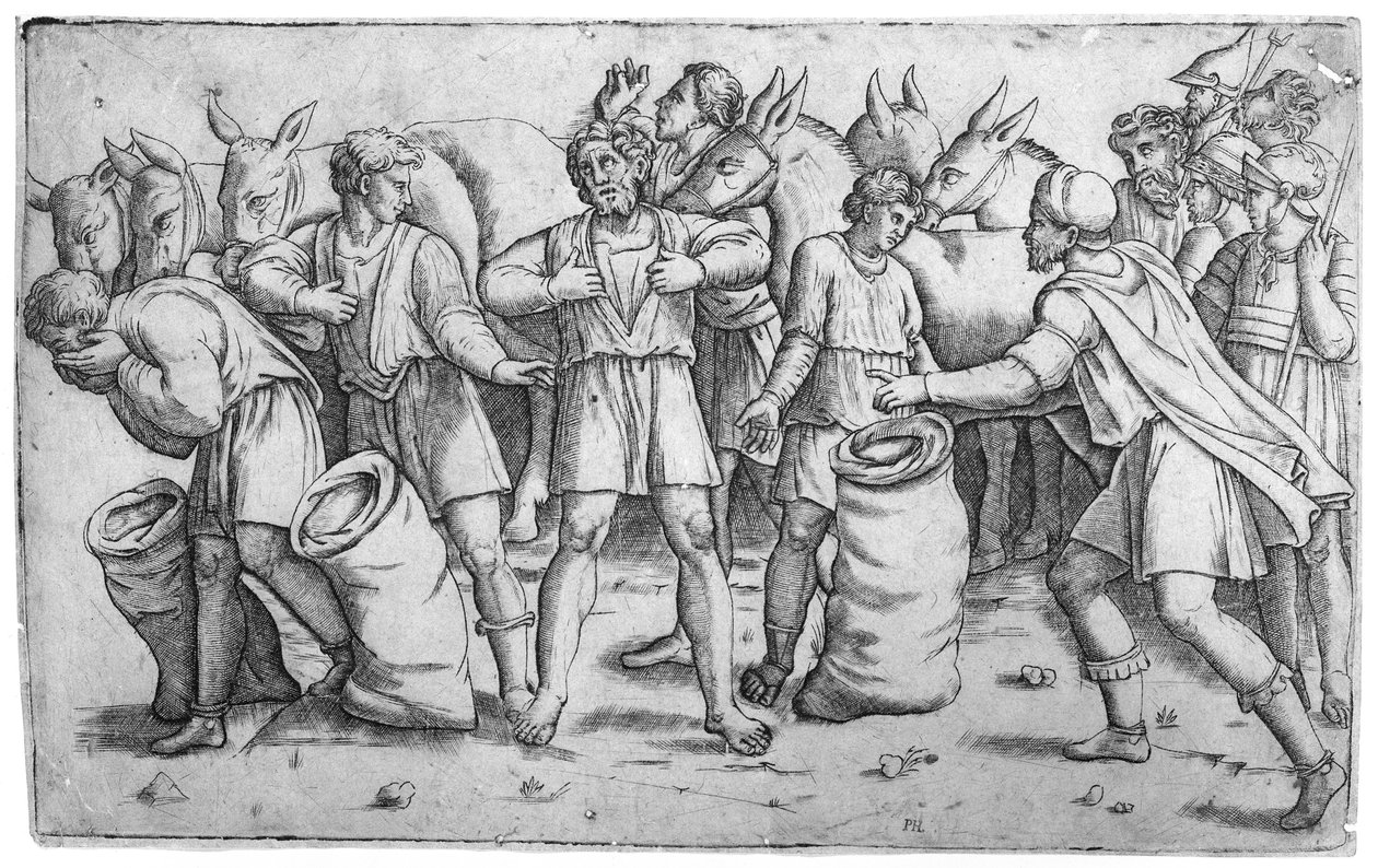 Josefův pohár nalezený v Benjaminově pytli z biblického příběhu o Josephovi Genesis 44..., ca. 1520-25. od Giovanni Antonio da Brescia