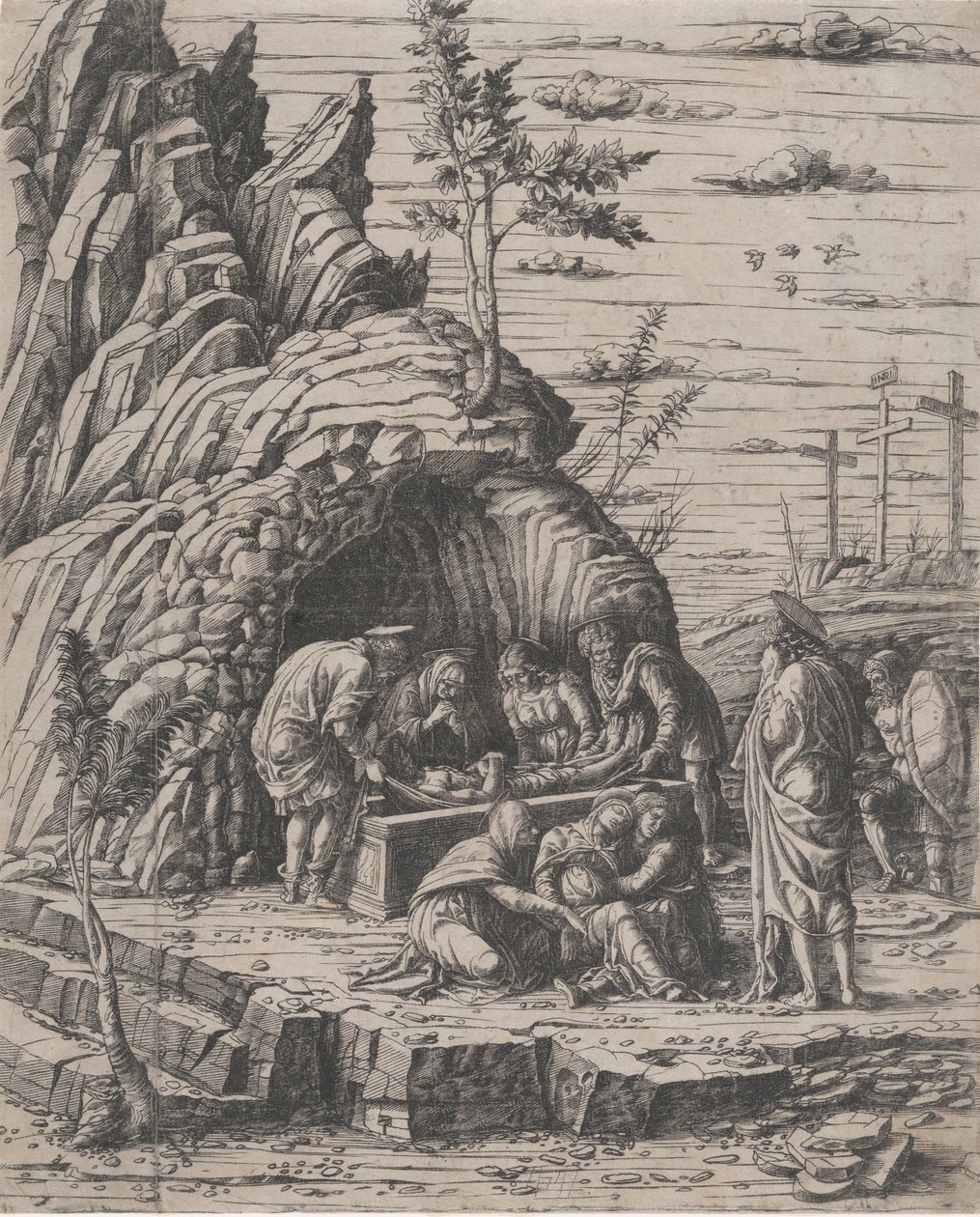 Pohřeb Krista, který je spouštěn dvěma muži do kamenné hrobky před..., ca. 1470-1500. od Giovanni Antonio da Brescia