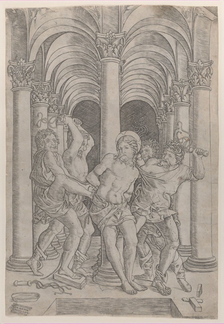 Bičování Krista, který je přivázán ke sloupu uprostřed zasazeného do podloubí, 1509., 1509. od Giovanni Antonio da Brescia