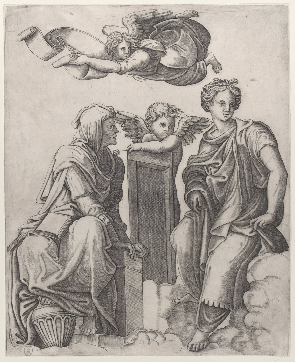 Dvě ženské postavy sedící v oblacích lemující anděla a další létající nad ..., ca. 1510-25. od Giovanni Antonio da Brescia