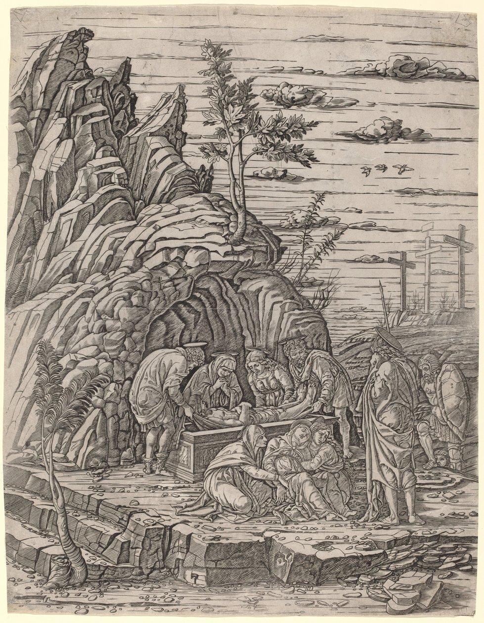 Pohřeb se třemi ptáky od Giovanni Antonio da Brescia, after Andrea Mantegna