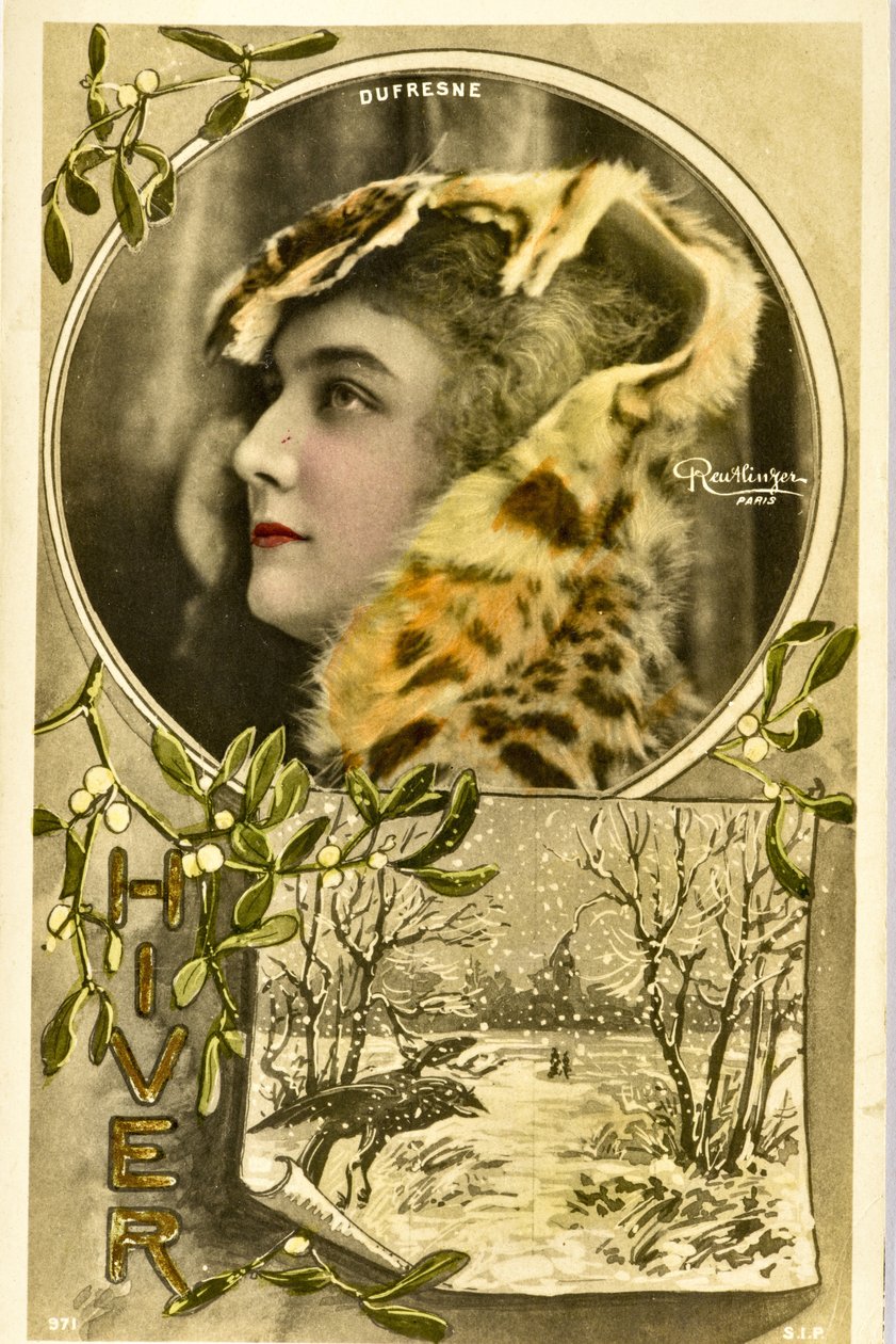 Pohlednice: Portrét mademoiselle Dufresne, umělkyně Music Hall od Phillipe de Marlier
