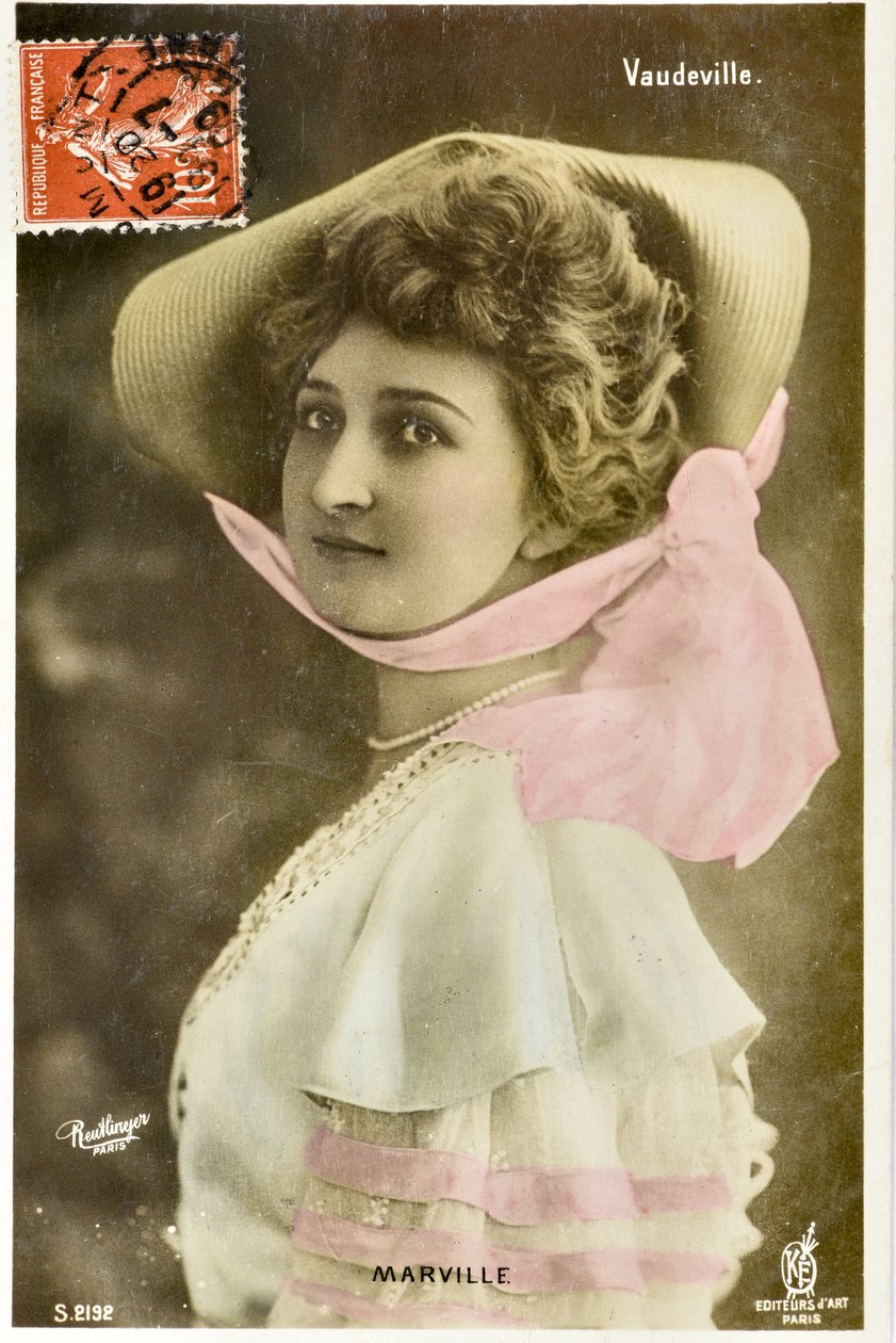Pohlednice: Theater du Vaudeville - Portrét maddame Marville, umělkyně Moulin Rouge od Phillipe de Marlier
