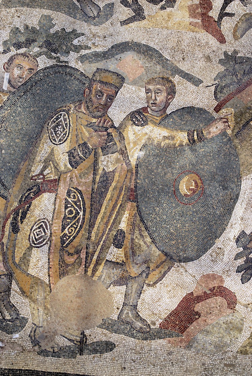 Římské umění: detail mozaiky „“ Velká lovecká část““. Pán při lovu. 315-350 našeho letopočtu. Piazza Armerina, Villa Romana del Casale. Sicílie, Itálie. od Phillipe de Marlier