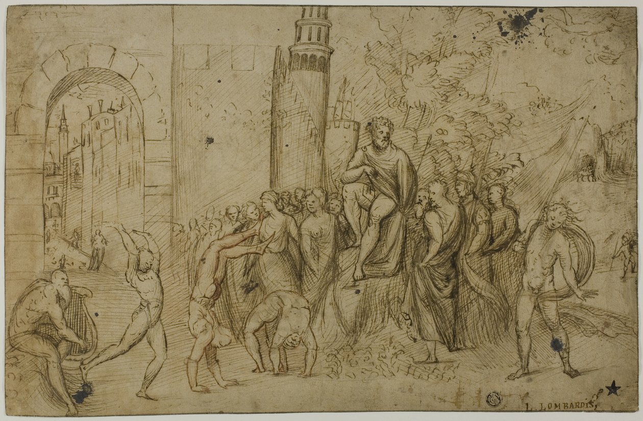 Akrobaté předvádějící se před vládcem (recto); venkovní scéna se skupinou postav (verso) od Giovanni Antonio da Pordenone