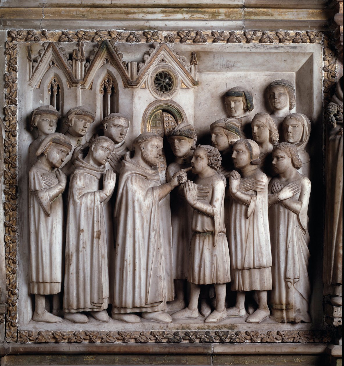 Zázrak němých (Život svatého Petra z Verony). detail mramorového reliéfu od Giovanni Balduccio