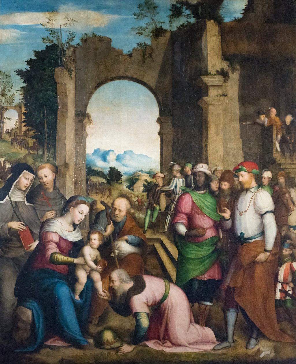 Klanění mudrců se svatou Klárou a Františkem, asi 1510 (olej na desce) od Giovanni Battista (1489 1561) Volponi