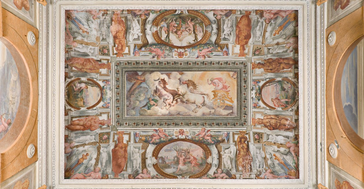 Vůz Slunce řízený Apollem, Apollo Loggia, cca 1560 (freska) od Giovanni Battista and Cambiaso Luca Castello