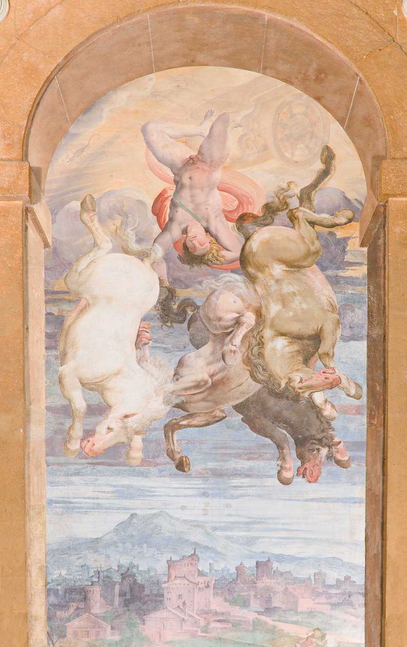 The Chariot of the Sun poháněný Apollem potápějícím se směrem k Zemi, východní stěna Apollo Loggia, cca 1560 (freska) od Giovanni Battista and Cambiaso Luca Castello