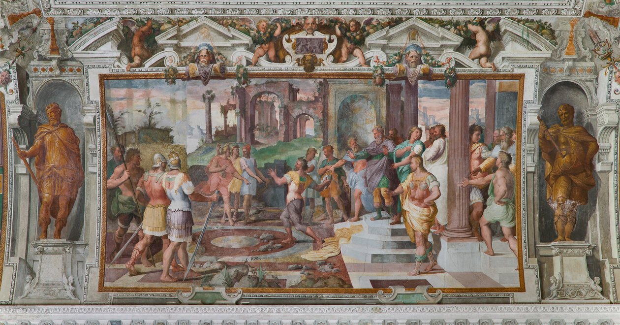 Odysseovy příběhy: detail hry házení kamenů na dvoře Faiačanů, kolem 1560 (freska) (detail 3606285) od Giovanni Battista Castello