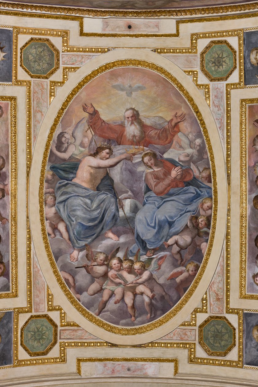 Janov, Duomo (katedrála sv. Vavřince), interiér, kaple Lercari nebo kaple Nejsvětější svátosti (severní apsida), klenba: "Korunovace Panny Marie", freska Giovanni Battista Castello známá jako Bergamasco od Giovanni Battista Castello