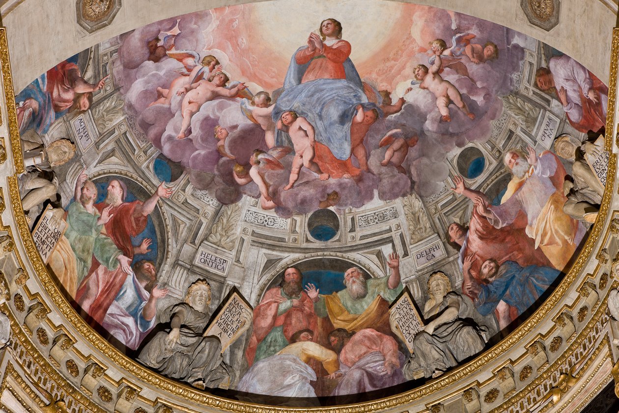 Janov, Duomo (katedrála svatého Vavřince), uvnitř, kaple Lercari nebo kaple Nejsvětější svátosti (severní apsida), apsida: „Nanebevzetí Panny Marie“, freska Giovanni Battista Castello známá jako Bergamasco od Giovanni Battista Castello