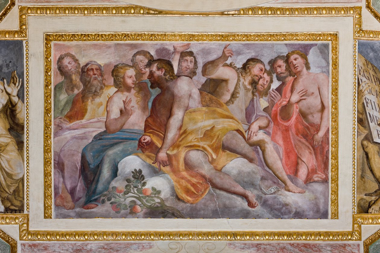 Janov, Duomo (katedrála sv. Vavřince), uvnitř, kaple Lercari nebo kaple Nejsvětější svátosti (severní apsida), klenba: „Spravedlivý Starého zákona“, freska Giovanni Battista Castello známá jako Bergamasco od Giovanni Battista Castello