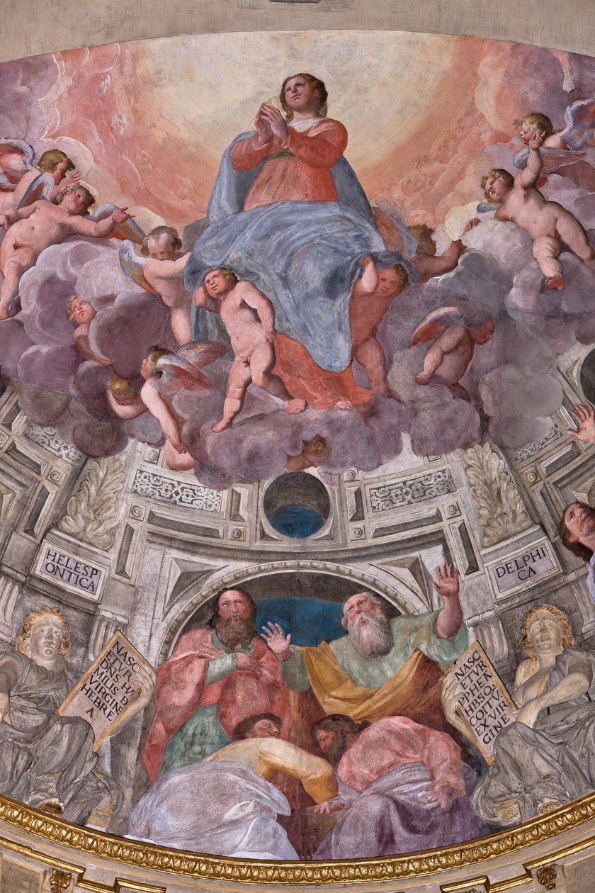 Janov, Duomo (katedrála svatého Vavřince), uvnitř, kaple Lercari nebo kaple Nejsvětější svátosti (severní apsida), apsida: „Nanebevzetí Panny Marie“, freska Giovanni Battista Castello známá jako Bergamasco od Giovanni Battista Castello