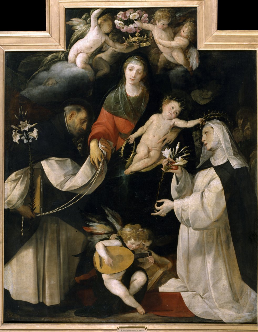 Růžencová Madona (Madonna del Rosario). Na hlavě Panny Marie je položen věnec z růží, zatímco dva světci jí předávají bílé lilie, růžence a srdce symbolizující víru. Obraz od Giana (Giovanniho) Battisty Crespiho známý jako Il Cerano (asi 15 od Giovanni Battista (1567 1633) Crespi