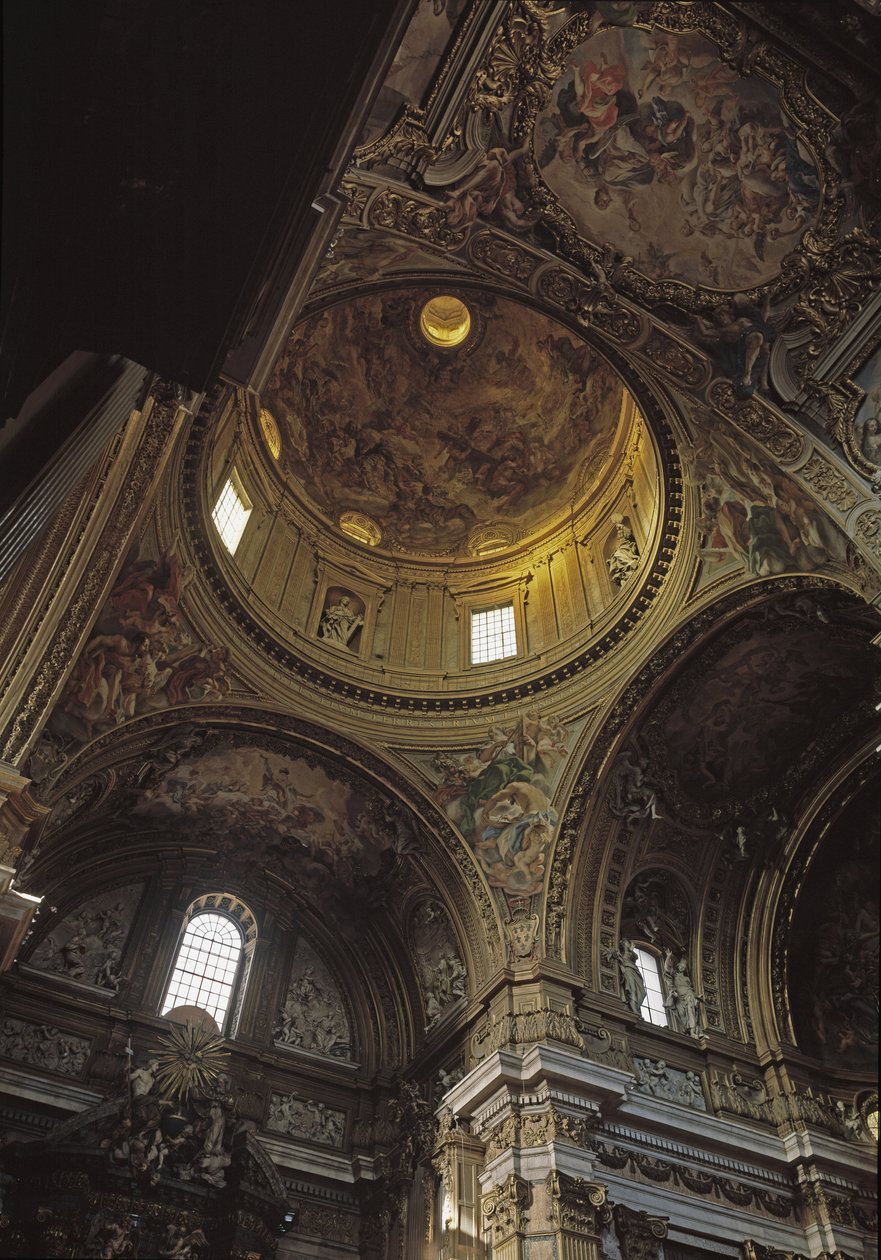 Pohled na kupoli a fresku od Baciccia, kostel Gesu v Římě, cca 1568 (vnitřní pohled na Chiesa del Gesu s kupolí a Bacicciovými freskami, Řím, Itálie) od Giovanni Battista  Gaulli