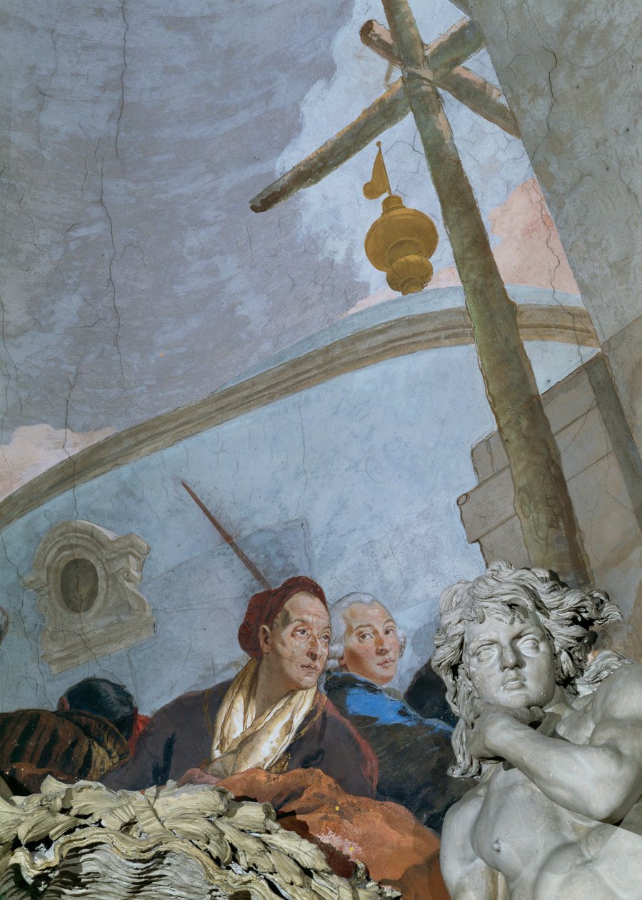 Autoportrét zobrazuje vyčerpaného, značně zestárlého Tiepola, který se sklání nad rohovou kartuší... (freska) od Giovanni Battista (1696 1770) Tiepolo