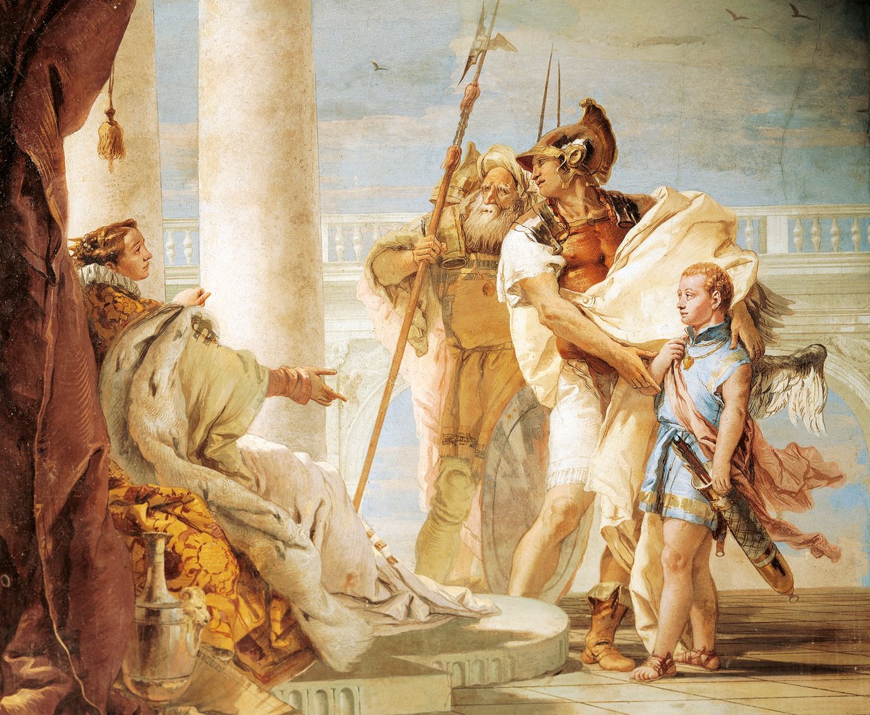 Aeneas představuje Dido Amora oblečeného jako Ascanius, Giambattista Tiepolo (1696-1770), freska, Pokoj Aeneid, Villa Valmarana 