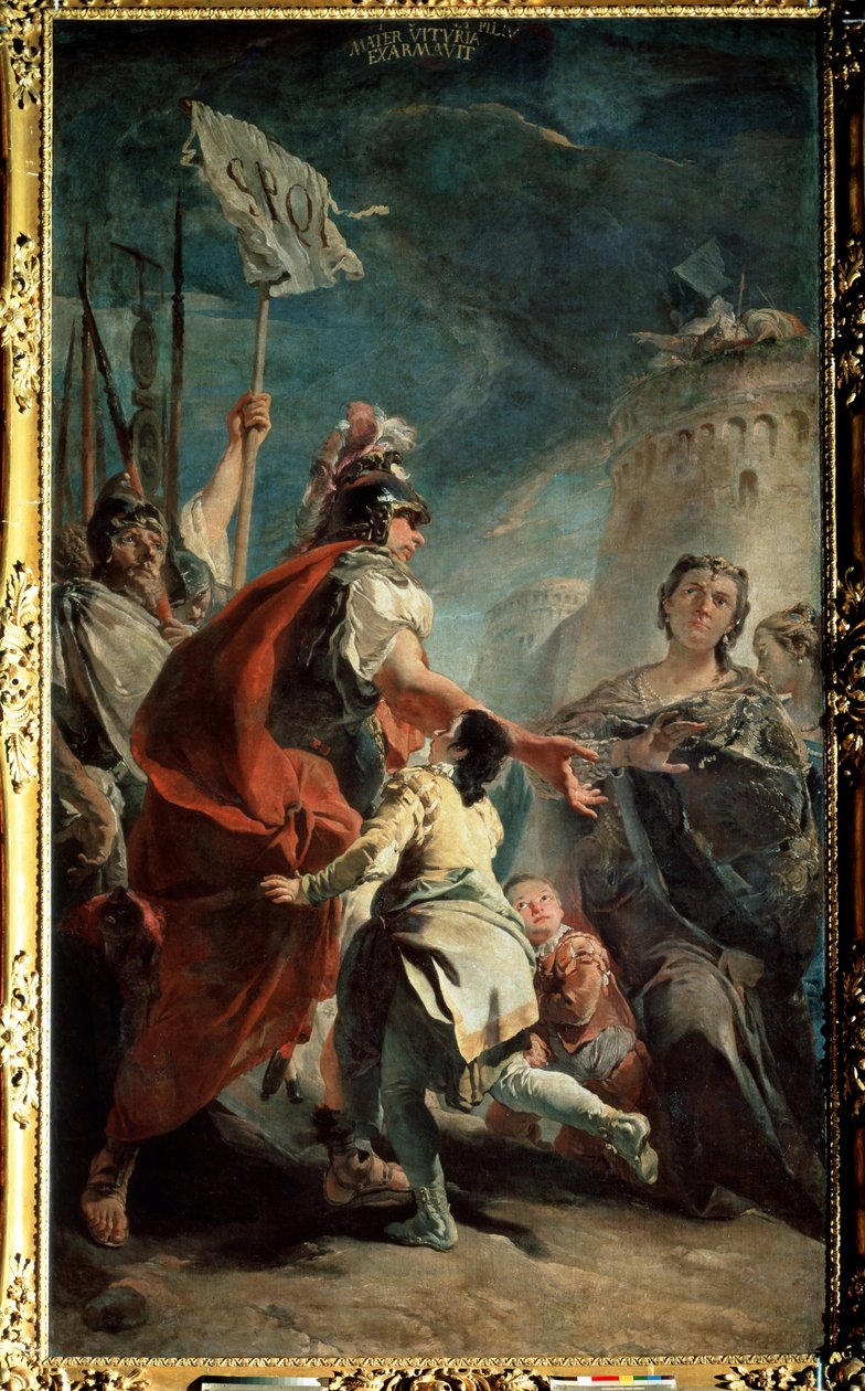 Coriolanus (Caius Marcius Coriolanus) před branami Říma (Coriolanus před branami Říma). Obraz Giambattisty Tiepola (1696-1770). Olej na plátně, 387 x 224 cm, kolem 1730. Benátská škola, italské barokní umění. Muzeum Ermitáž, St. P od Giovanni Battista Tiepolo