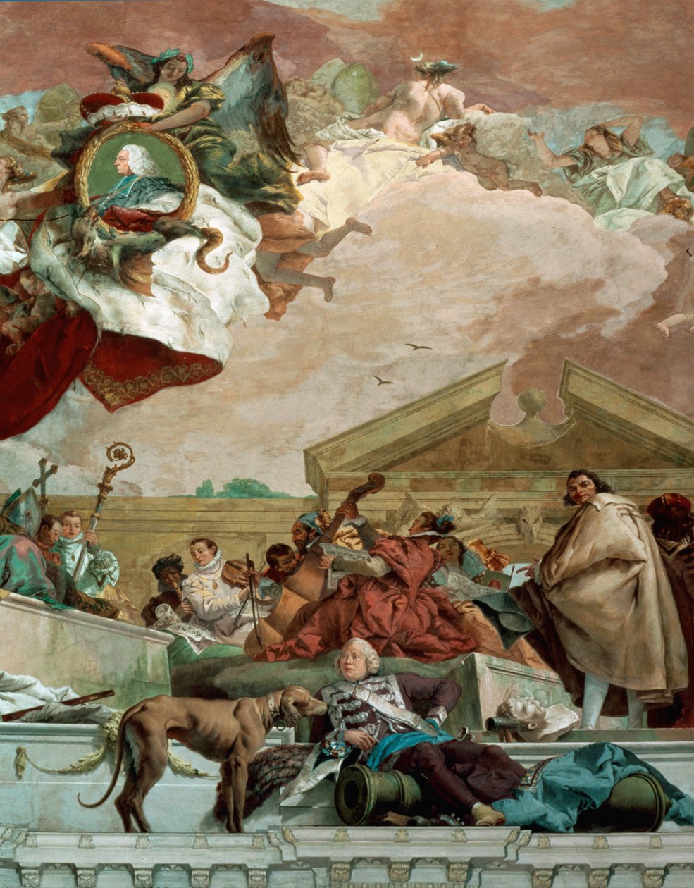 Freska na schodišti ve würzburské rezidenci zobrazuje architekta Balthasara Neumanna a dělo (freska) od Giovanni Battista (1696 1770) Tiepolo