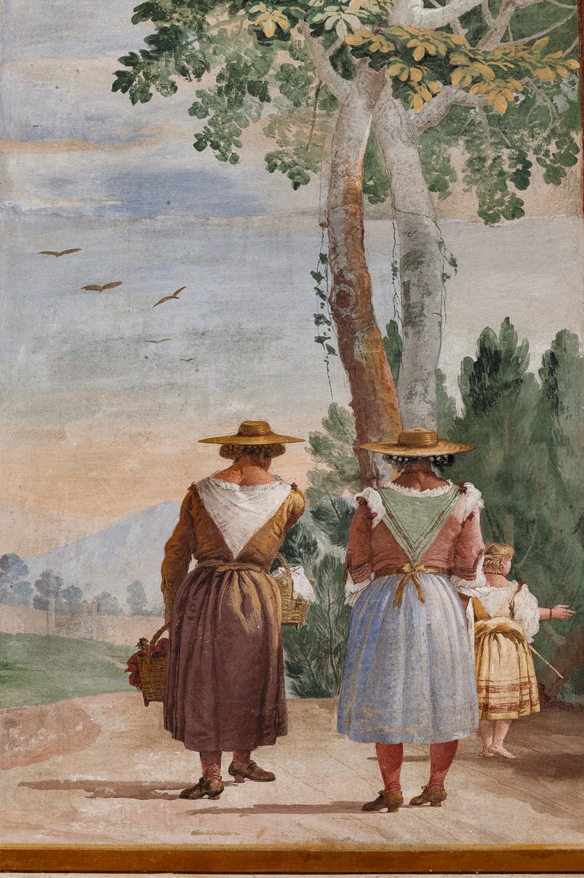 Ubytování pro hosty, Pokoj venkovských scén: "Krajina s rolníky", detail od Giovanni Battista Tiepolo