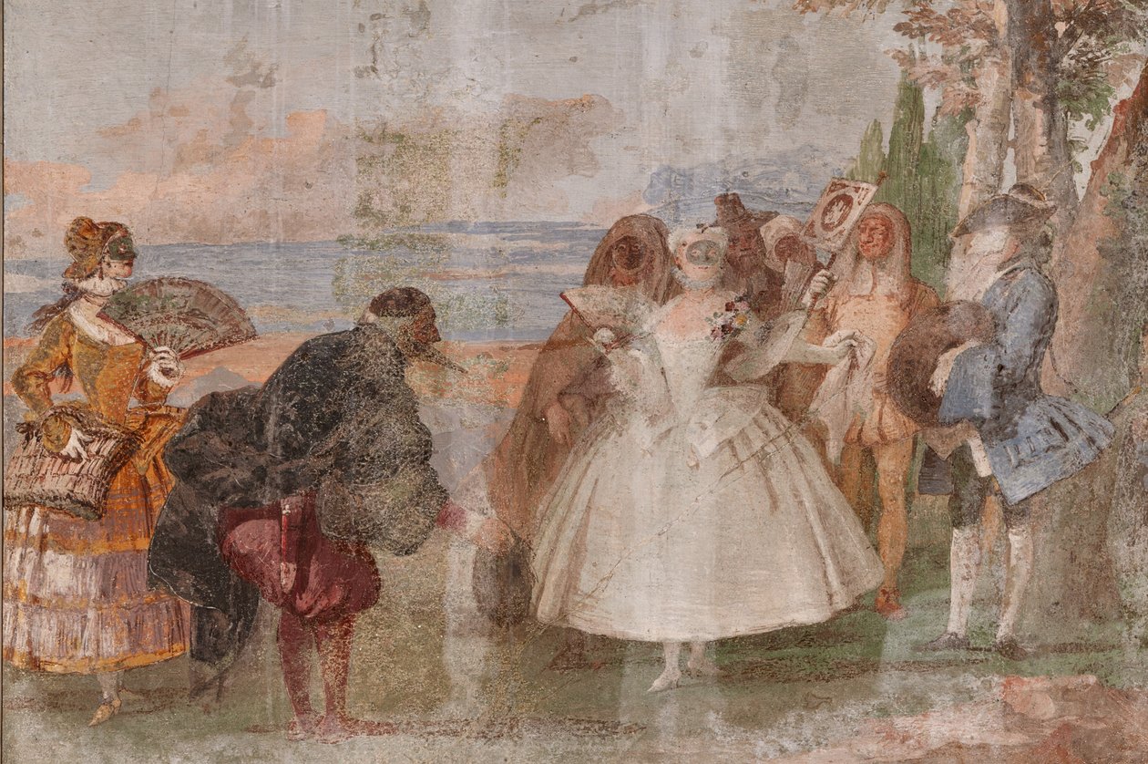 Guest Lodgings, pokoj karnevalových scén: „Pantalone a Columbina“, scéna s maskami od Giovanni Battista Tiepolo