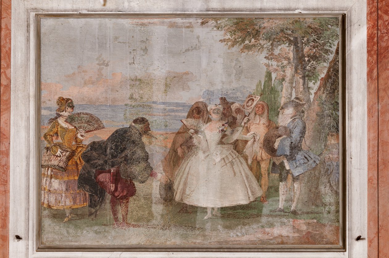 Guest Lodgings, pokoj karnevalových scén: „Pantalone a Columbina“, scéna s maskami od Giovanni Battista Tiepolo