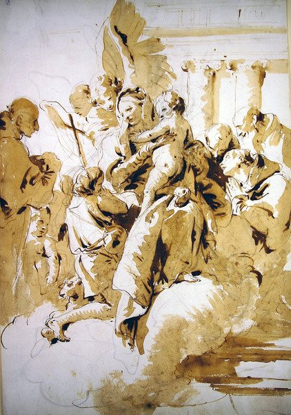 Madonna s dítětem s anděly, svatými a dítětem Janem Křtitelem (pero a hnědý inkoust a mytí na papíře) od Giovanni Battista Tiepolo