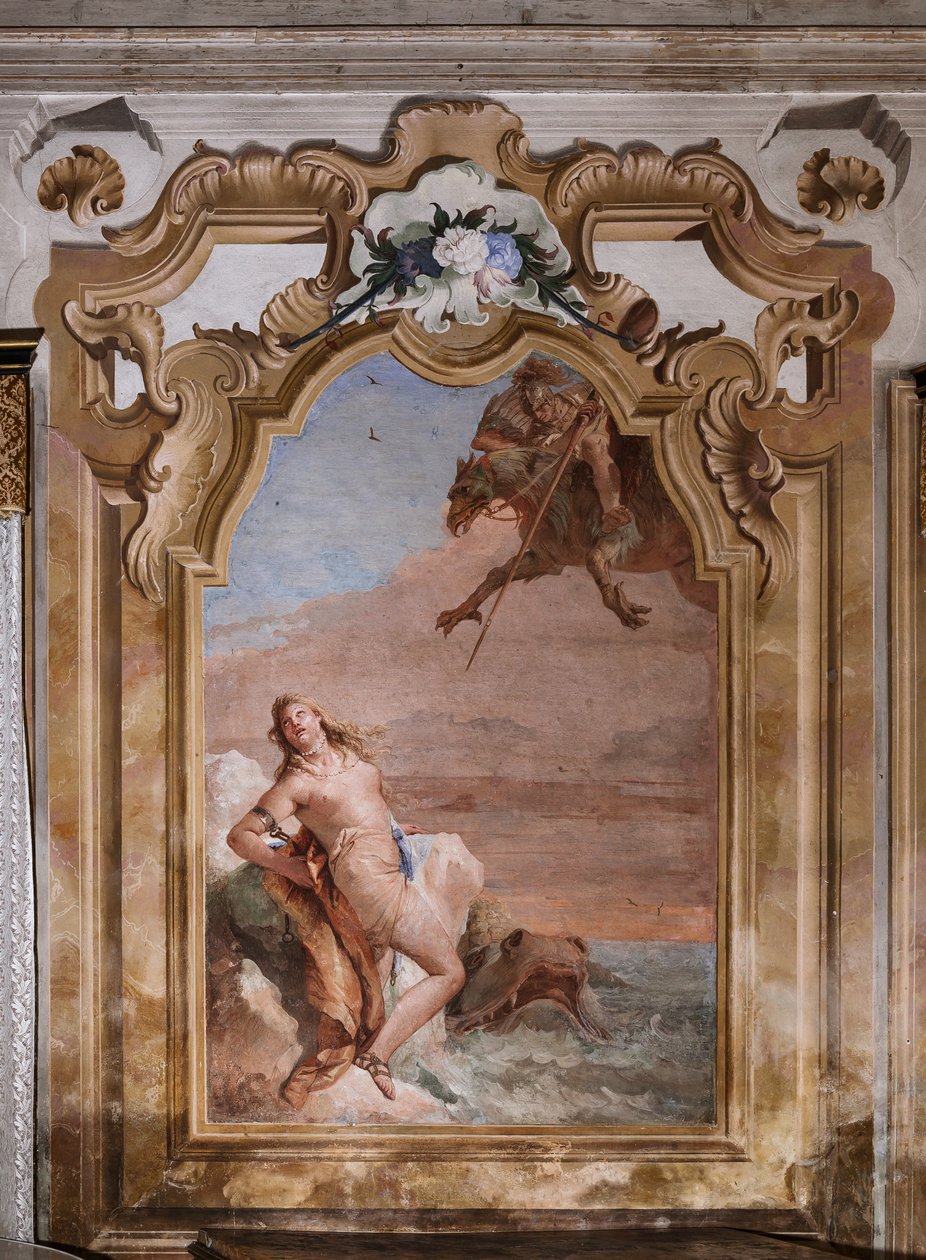 Palazzina (Malá budova): druhá místnost nebo místnost Ariosta s freskami představujícími epizody z "Orlando Furioso": "Ruggiero zachraňuje Angeliku před mořskou příšerou" od Giovanni Battista Tiepolo