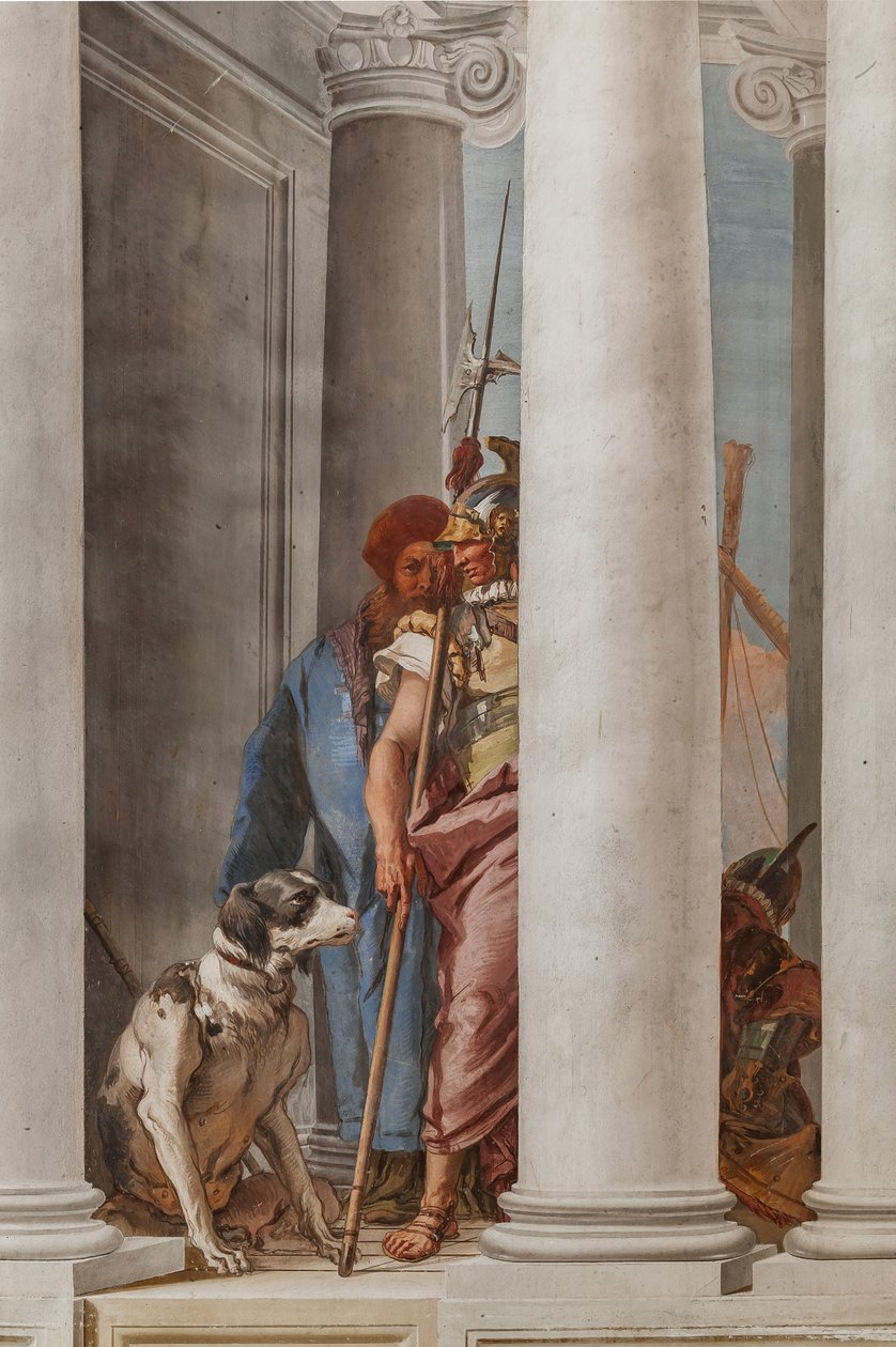 Palazzina (Malá budova), vstupní hala: „Řecká flotila v Aulide“, detail představující psa a vojáka od Giovanni Battista Tiepolo