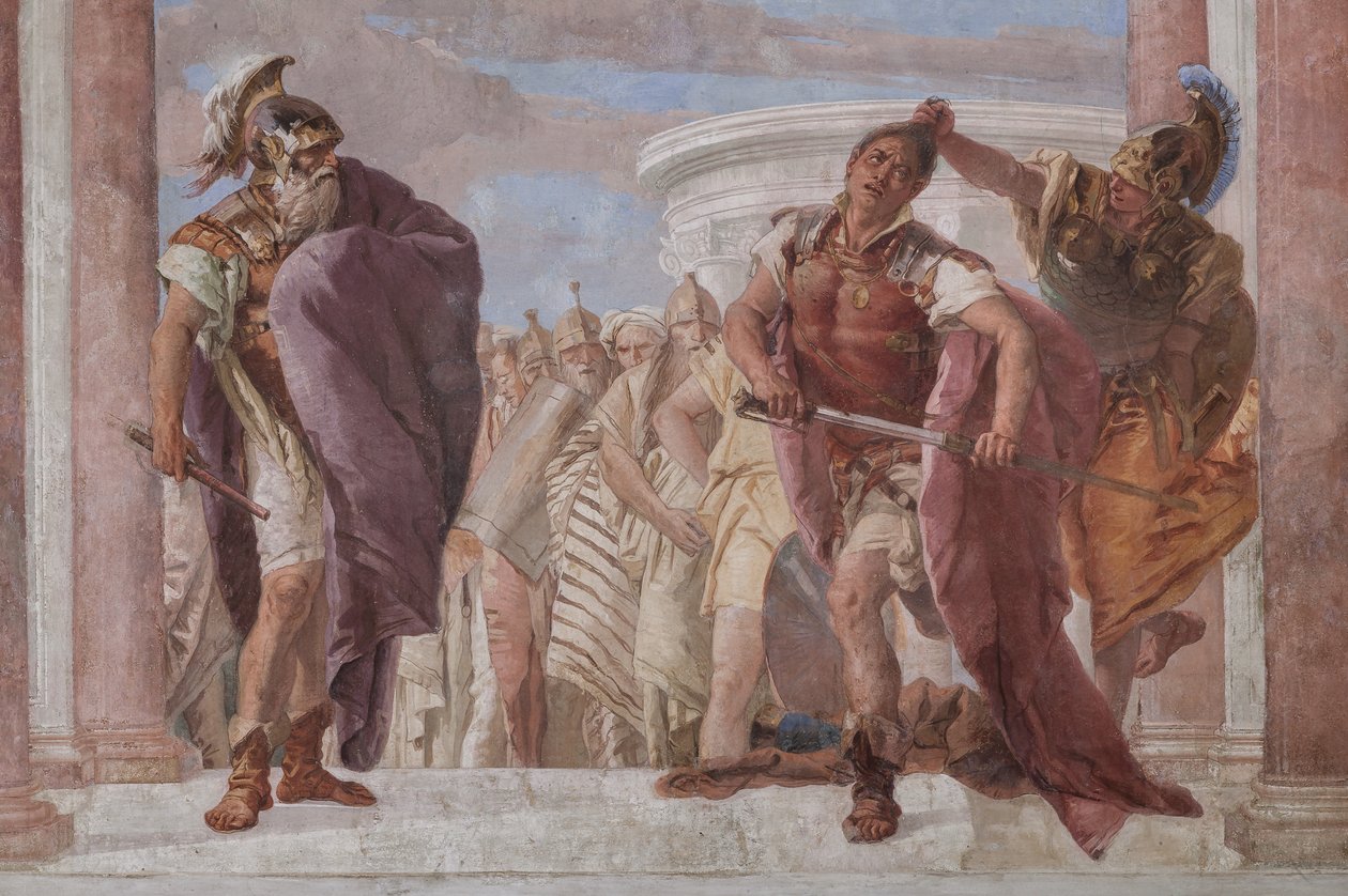 Palazzina (Malá budova): pohled na první místnost a její fresky představující epizody z Iliady: „Athéna brání Achilleovi tasit meč proti Agamemnonovi“, detail od Giovanni Battista Tiepolo