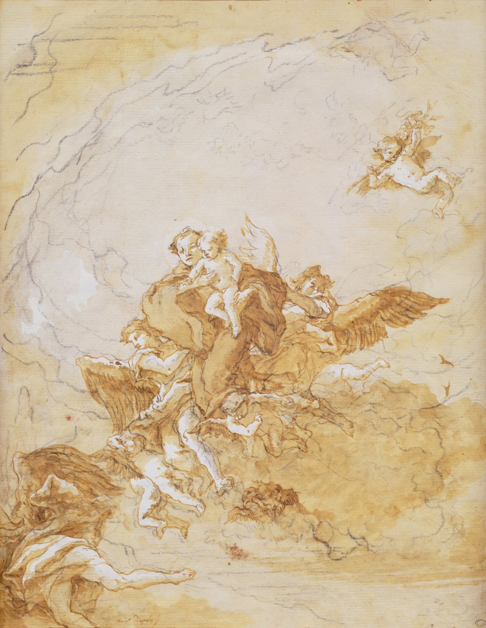 Svatý Antonín a Ježíšek podporovaný anděly (pero a inkoust) od Giovanni Battista Tiepolo