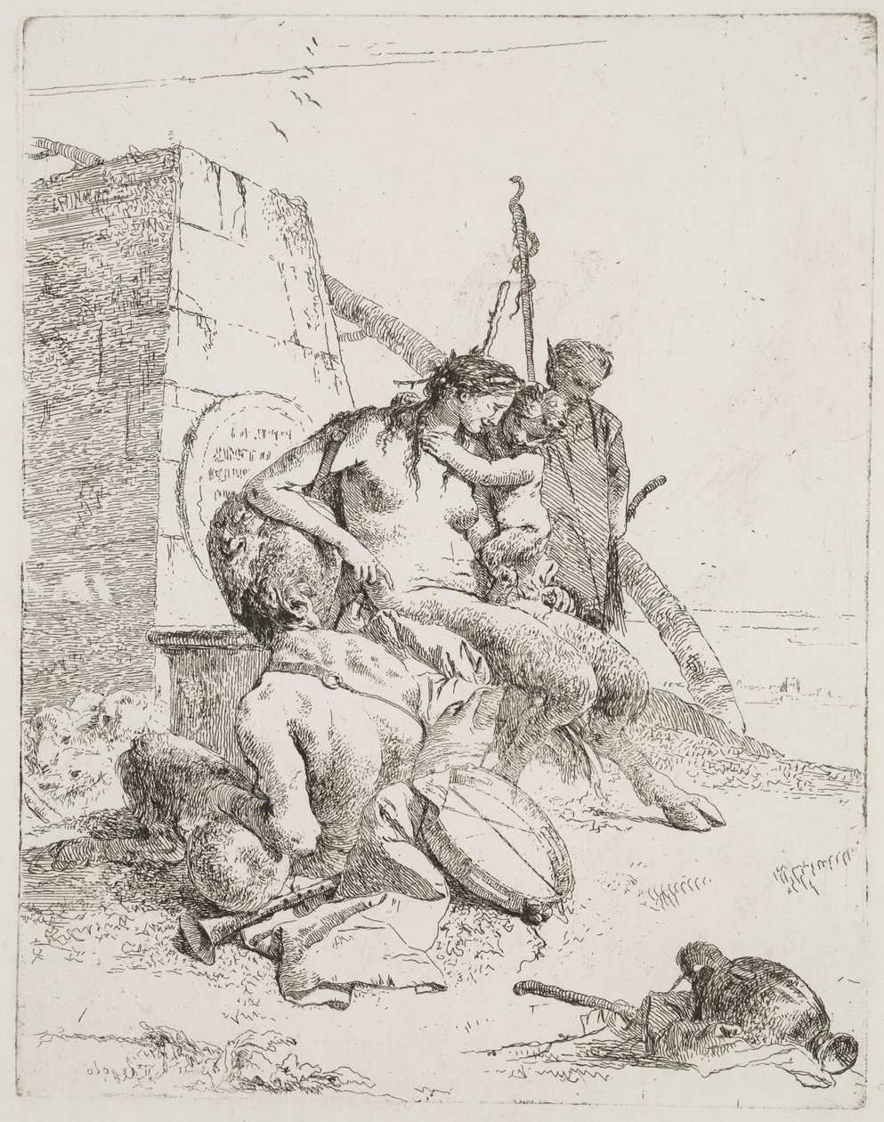 Rodina satyrů s obeliskem, Benátky, kolem roku 1765 (lept) od Giovanni Battista Tiepolo