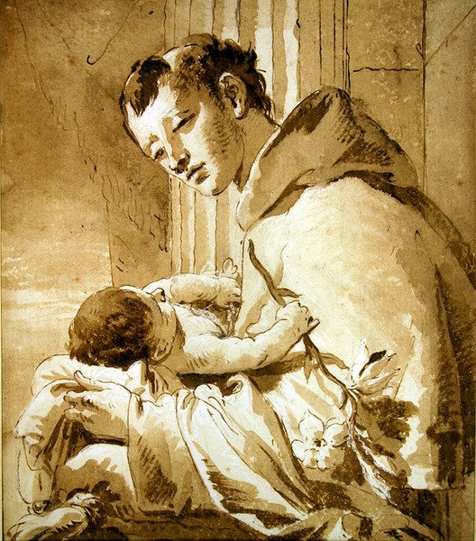 St. Anthony Holding the Christ Child (pero, hnědý inkoust a mytí) od Giovanni Battista Tiepolo