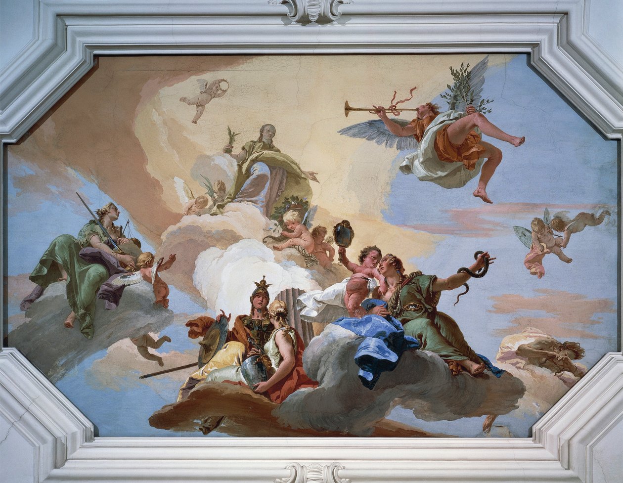 Triumph of Glory vyhlášený slávou stojící mezi kardinálskými ctnostmi od Giovanni Battista Tiepolo